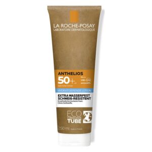 Sonnenschutzlotion in einer umweltbewussten Tube, schützt mit SPF 50+ und ist wasserfest sowie schweißresistent.