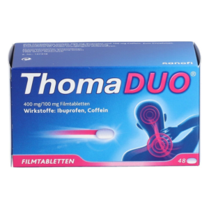 Verpackung von ThomaDUO Filmtabletten mit Ibuprofen und Coffein, zeigt personifizierte Schmerzlindung.