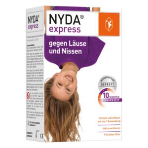 Verpackung von NYDA express gegen Läuse und Nissen, mit Informationen zur Anwendung und einem inklusiven Kamm.