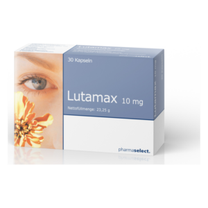 Verpackung von Lutamax 10 mg Kapseln mit einem Bild eines Auges und einer Blume auf der Vorderseite.