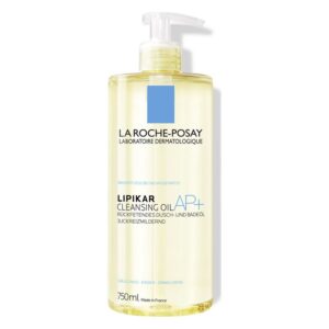 Flasche mit Rückfettendem Dusch- und Badeöl von La Roche-Posay, 750 ml, mit Pumpe und gelbem Inhalt.