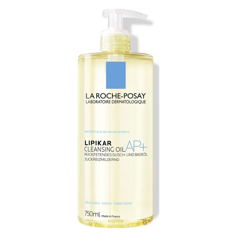 Flasche mit Rückfettendem Dusch- und Badeöl von La Roche-Posay, 750 ml, mit Pumpe und gelbem Inhalt.