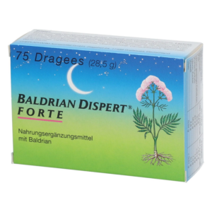 Verpackung von Baldrian Dispert Forte, einem Nahrungsergänzungsmittel mit Baldrian, in einer blauen und grünen Schachtel.