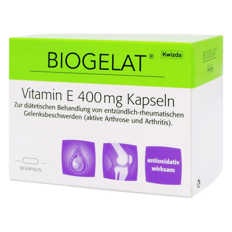Verpackung von BIOGELAT Vitamin E 400mg Kapseln zur Behandlung rheumatischer Gelenksbeschwerden.