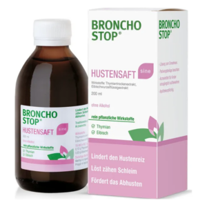 Broncho Stop Hustensaft in brauner Flasche mit dazugehöriger Verpackung, enthält pflanzliche Wirkstoffe ohne Alkohol.