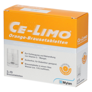 Verpackung von Ce-Limo Orange-Brausetabletten, einem Vitamin C Präparat in der Geschmacksrichtung Orange.