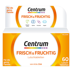 Verpackung von Centrum Frisch & Fruchtig Lutschtabletten mit Angaben zur Nutzung für die ganze Familie und wichtigen Nährstoffen.