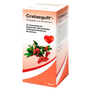 Packung Crataegutt Flüssigkeit zur Einnahme mit Abbildung von roten Beeren und einem Herzsymbol.