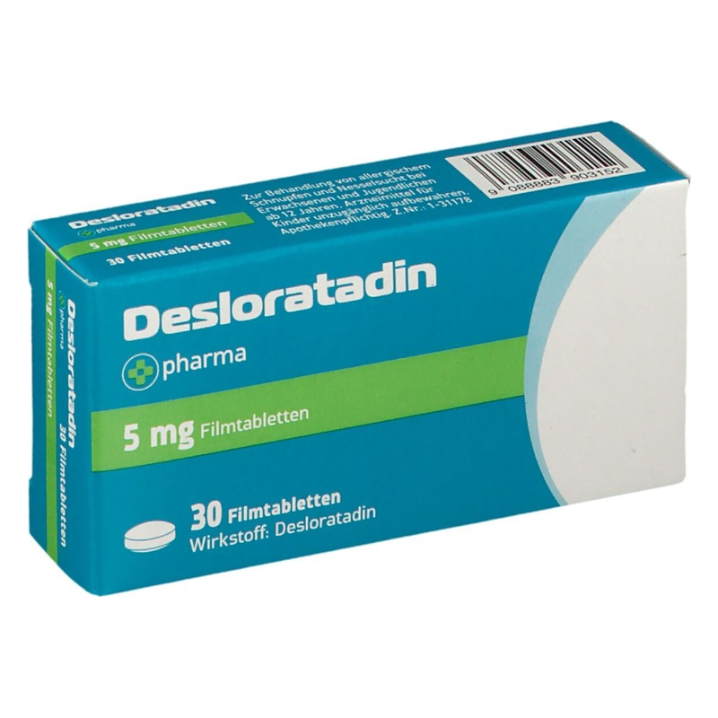 Packung mit 30 Filmtabletten Desloratadin, 5 mg, zur Behandlung von Allergien.