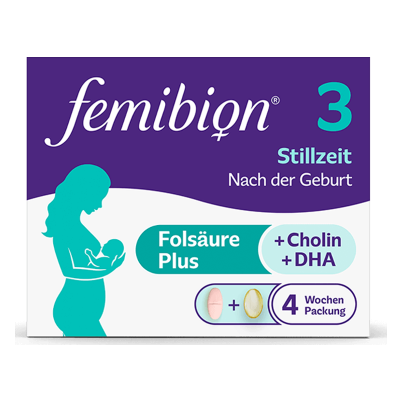 Verpackung von femibion 3 für Stillende, zeigt eine Mutter mit Kind sowie Informationen zu Inhaltsstoffen und Nutzung.