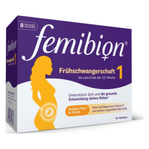 Packung mit Femibion Frühschwangerschaft 1, unterstützt die gesunde Entwicklung während der Schwangerschaft.