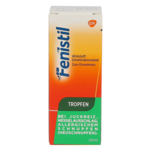 Fenistil Tropfen in einer orangenen und grünen Verpackung, 20 ml, zur Linderung von Juckreiz und Allergien.