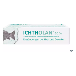 Verpackung der Ichtholan Salbe (50%) mit Informationen zu Inhaltsstoffen und Anwendung gegen Hautentzündungen.