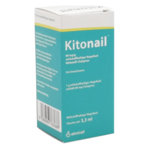 Kartonverpackung von Kitonail, einem 80 mg/g wirkstoffhaltigen Nagellack mit Ciclopirox, 3,3 ml Flasche.