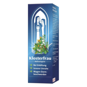 Verpackung von Klosterfrau Melissengeist mit symbolischen Pflanzen und drei stilisierten Frauenfiguren.