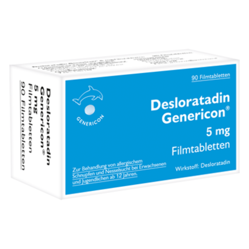 Packung mit Desloratadin Genericon, 5 mg Filmtabletten zur Behandlung von Allergiesymptomen.