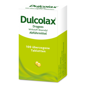 Verpackung von Dulcolax Dragees, Abführmittel mit Bisacodyl, in grüner und weißer Kartonage.