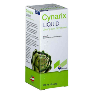 Verpackung von Cynarix Liquid, einer Lösung mit Artischockenblattextrakt, in einem 200 ml Karton.