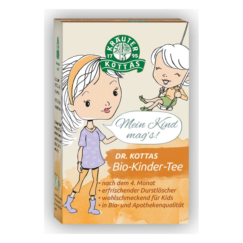 Packung mit Bio-Kinder-Tee von Dr. Kottas, kindgerechtes Design und Hinweise zur Verwendung ab dem 4. Monat.