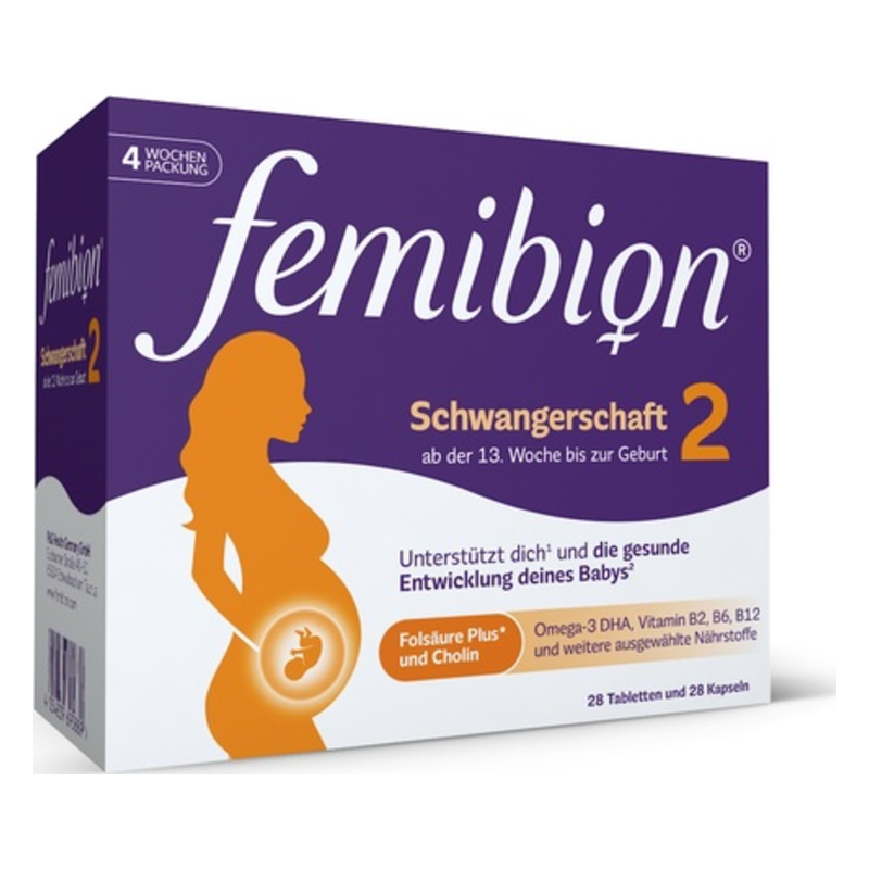 Packung von femibion Schwangerschaft 2 mit 28 Tabletten und 28 Kapseln, unterstützt die Entwicklung des Babys.