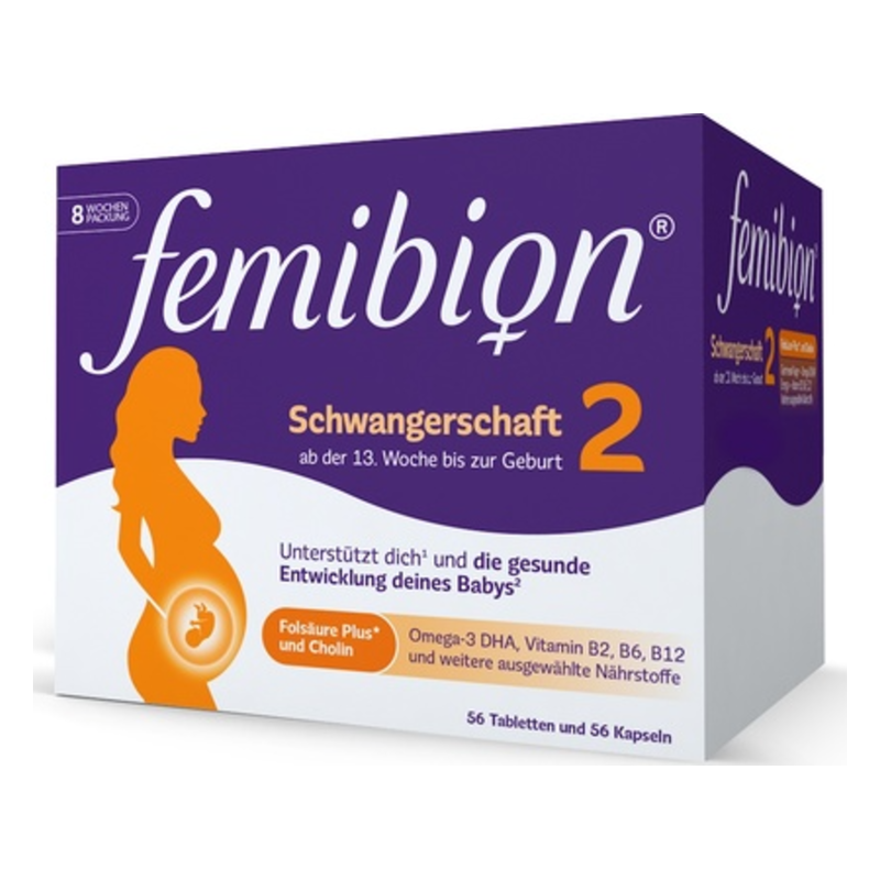 Verpackung der Nahrungsergänzung femibion Schwangerschaft 2 mit einer schwangeren Frau und Hinweisen zu wichtigen Nährstoffen.