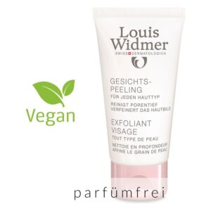 Gesichtpeeling-Tube von Louis Widmer mit veganem und parfumfreies Hinweis.