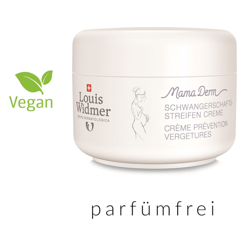 Weißer Tiegel mit Schwangerschaftsstreifen Creme von Louis Widmer, vegan und parfümfrei, mit einer illustrativen Abbildung einer schwangeren Frau.