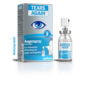 Verpackung und Flasche des Augensprays "TEARS AGAIN" für die Befeuchtung von Augen und Augenlidern.