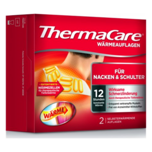 Verpackung von ThermaCare Wärmeauflagen für Nacken und Schulter, betont Wirkung und Anwendung.