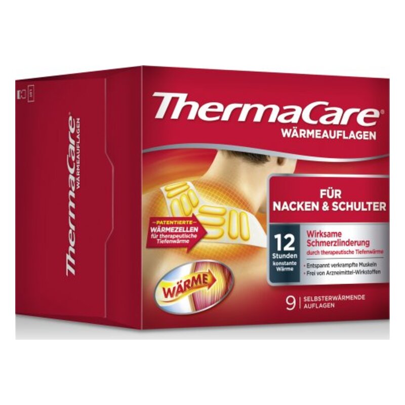 Verpackung von ThermaCare Wärmeauflagen für Nacken und Schulter mit gesundheitsfördernden Eigenschaften.