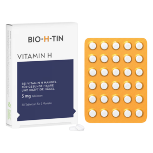 Packung mit BIO-H-TIN Vitamin H, 30 weißen Tabletten in einer orangefarbenen Blisterverpackung.