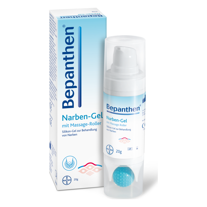 Bepanthen Narben-Gel in einem Behälter mit Massage-Roller und Verpackung, zur Narbenbehandlung.