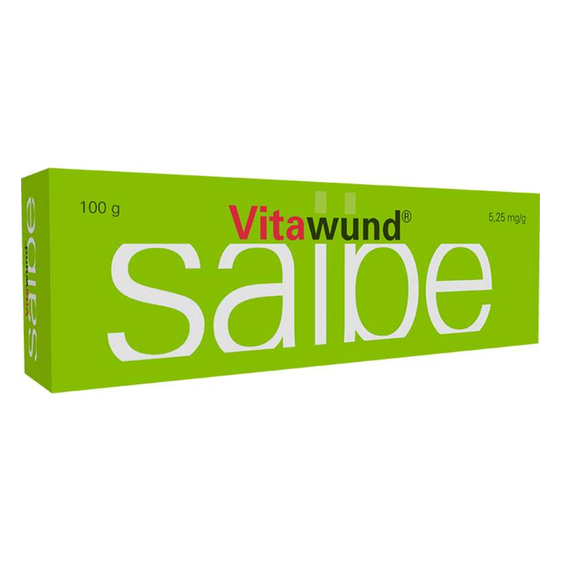 Verpackung einer grünen Salbe mit der Aufschrift Vitawund, 100 g und 5,25 mg/g.