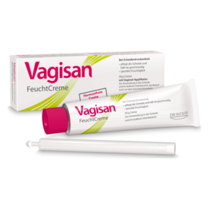 Vagisan FeuchtCreme in einer weißen Tube mit pinkem Deckel, neben der Verpackung und einem Vaginal-Applikator.