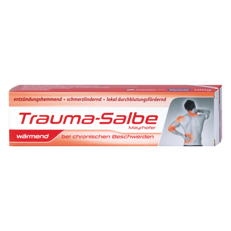Verpackung einer Trauma-Salbe in einer roten Schachtel, die entzündungshemmende und schmerzlindernde Eigenschaften bewirbt.