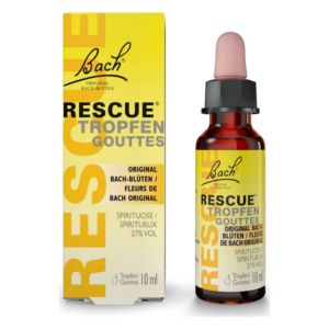 Flasche mit Bach Rescue Tropfen in einer gelben Verpackung, 10 ml, zur Stressbewältigung.