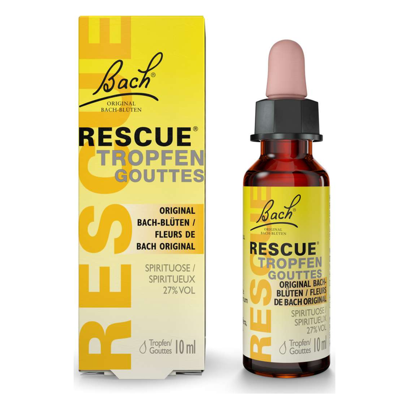 Flasche mit Bach Rescue Tropfen in einer gelben Verpackung, 10 ml, zur Stressbewältigung.