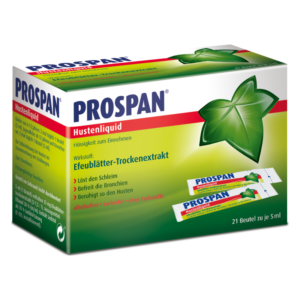 Kartonverpackung von Prospan Hustensaft mit grünem Efeublatt, enthält 21 Beutel zu je 5 ml.