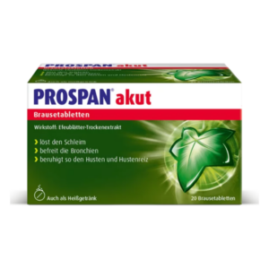 Packung PROSPAN akut Brausetabletten mit Efeublätter-Extrakt, für die Linderung von Husten und Bronchialproblemen.