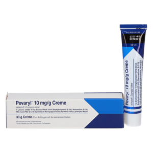 Pevaryl 10 mg/g Creme in einer Tube mit einem weißen Karton, der die Anwendung beschreibt.