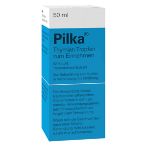 Weißer Karton mit blauen Akzenten, Thymian Tropfen, 50 ml, für die Behandlung von Husten und Erkältung.