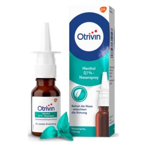 Otrivin Menthol 0,1% Nasenspray in brauner Flasche mit Sprühkopf und Verpackung, die Anwendungshinweise enthält.