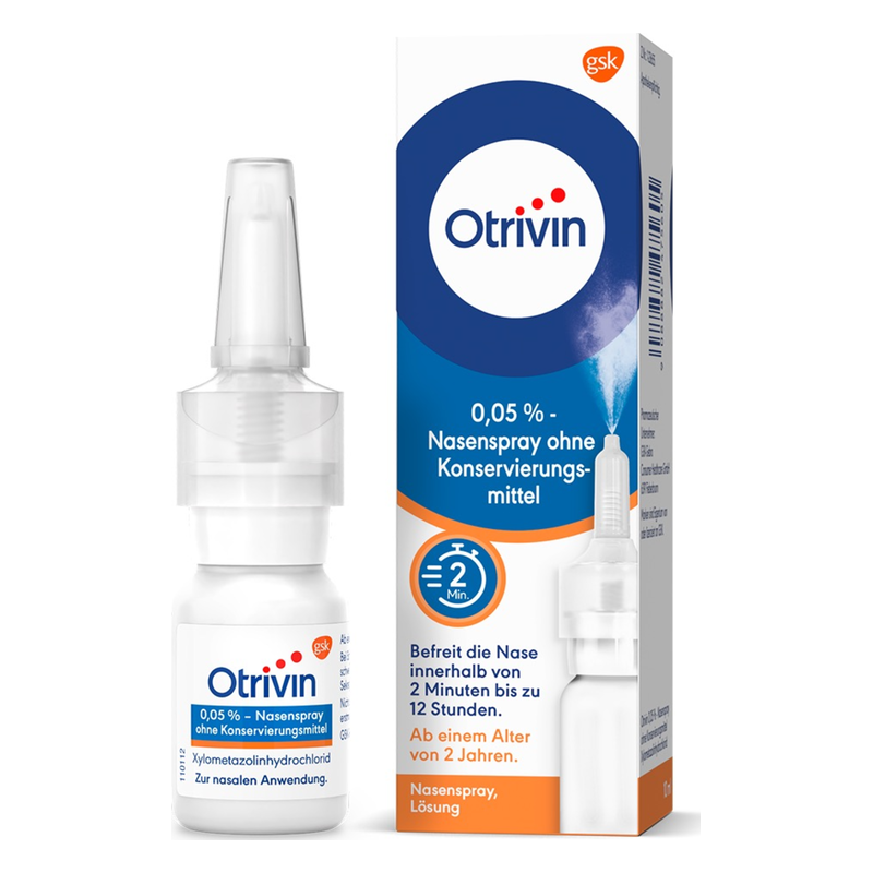 Otrivin Nasenspray in einer weißen Flasche mit Sprühkopf und Verpackung, ohne Konservierungsstoffe, für Anwendungen ab 2 Jahren.
