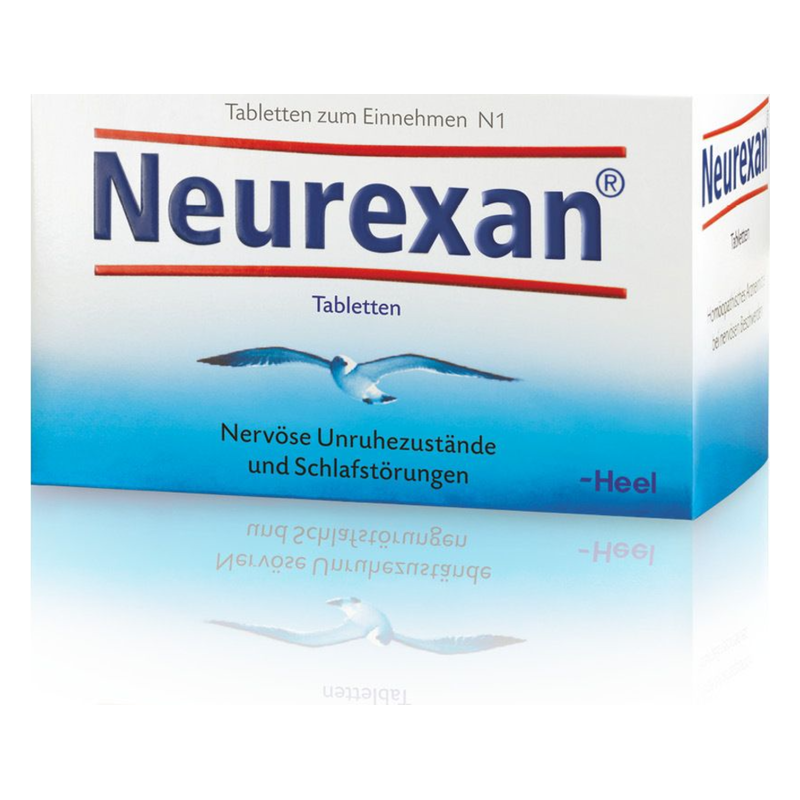 Verpackung der Neurexan Tabletten gegen nervöse Unruhezustände und Schlafstörungen, mit Abbildung einer Möwe.
