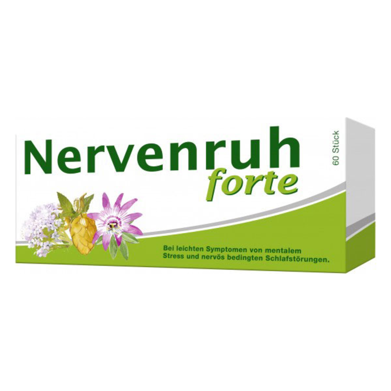 Verpackung von Nerventabletten mit pflanzlichen Zutaten und Hinweisen zur Anwendung bei Stress und Schlafstörungen.