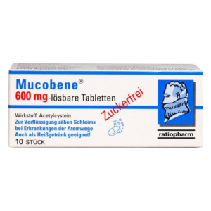 Verpackung von Mucobene 600 mg-lösbaren Tabletten mit dem Wirkstoff Acetylcystein, zuckerfrei, für Atemwegserkrankungen.