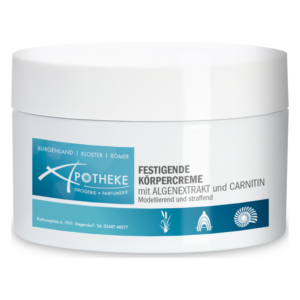Weiße Verpackung einer festigenden Körpercreme mit Algenextrakt und Carnitin, beschriftet mit dem Markennamen Apotheke.