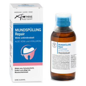 Mundspülung in einer braunen Flasche neben einer blauen Verpackung, beschriftet mit 'Repair' und Inhaltsstoffen wie Aloe Vera.