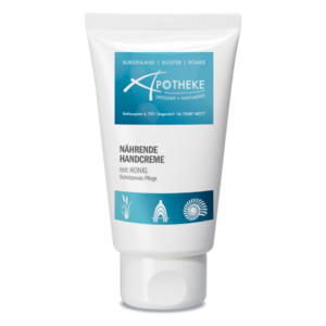 Eine Tube nährende Handcreme mit Honig und schützender Pflege in weißer Verpackung mit blauen Details.