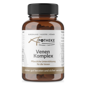 Braun glasierter Flaschenbehälter mit dunklem Deckel, der Venen Komplex als pflanzliche Unterstützung ausweist.